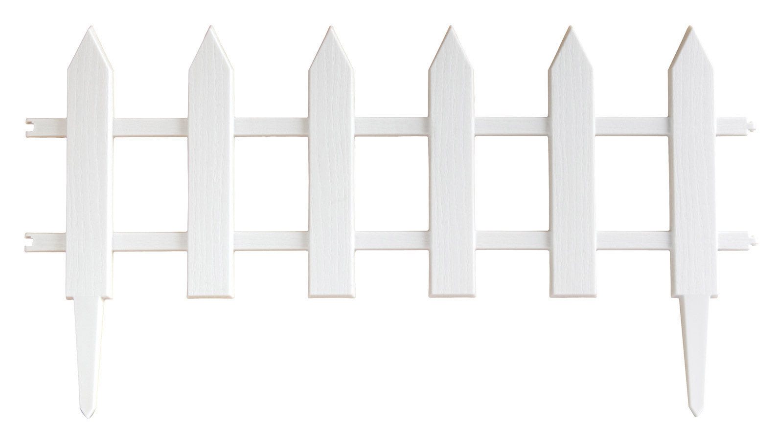 Classic white picket decorative lawn fencing made of weatherproof resin for flower bed edging