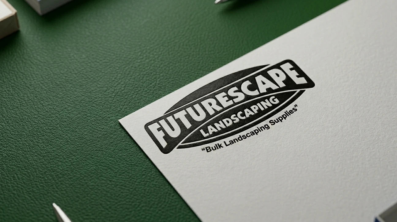 Futurescape Landscaping logo on a piece of paper with a green surface.