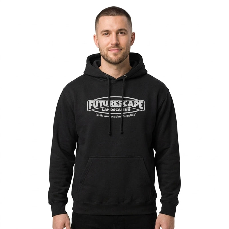 Man wearing a black hoodie with 'Futurescape Landscaping' logo on a white background