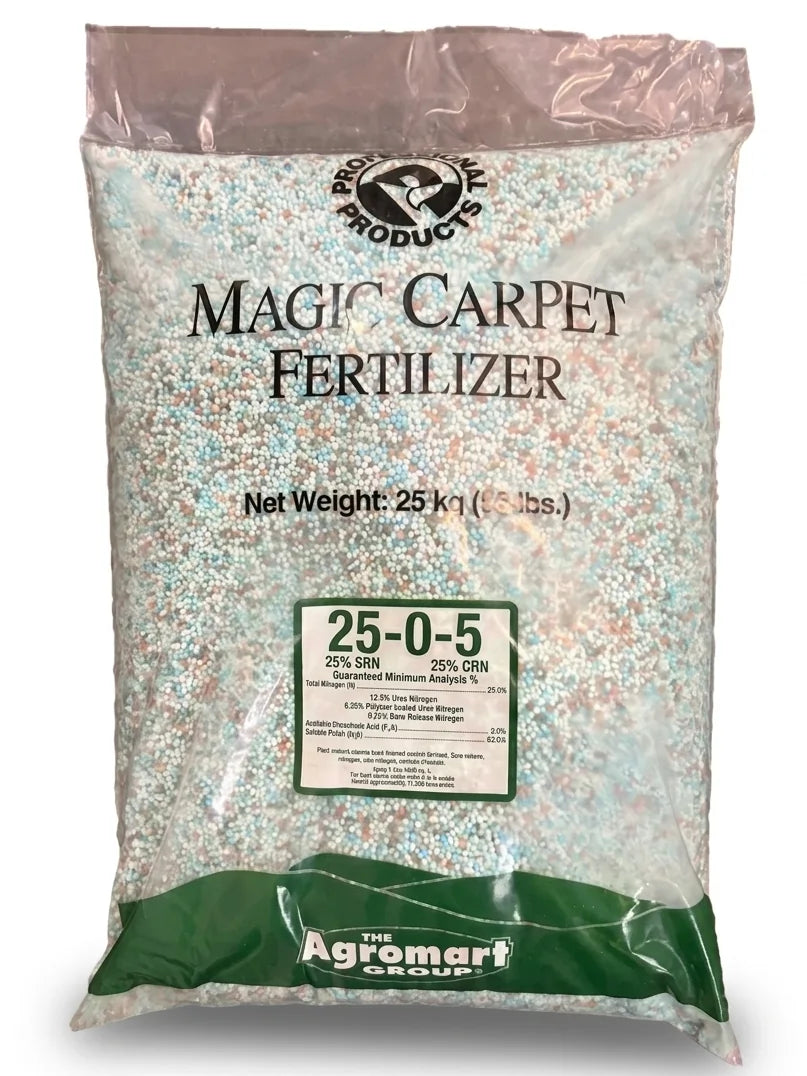 Bag of Magic Carpet Fertilizer with visible branding on a white background