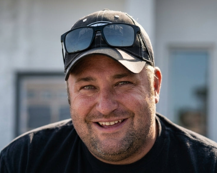 Ryan Lachance wearing a cap and sunglasses with a blurred background