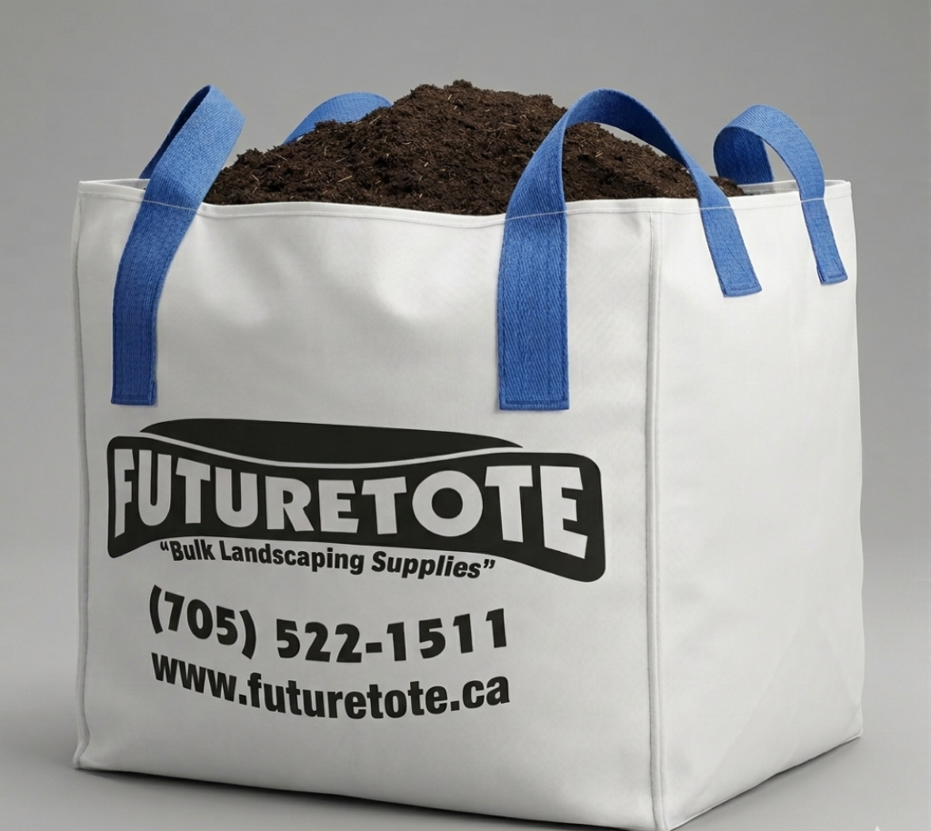 White tote bag with blue handles filled with soil, labeled 'FUTURETOTE' on a gray background.