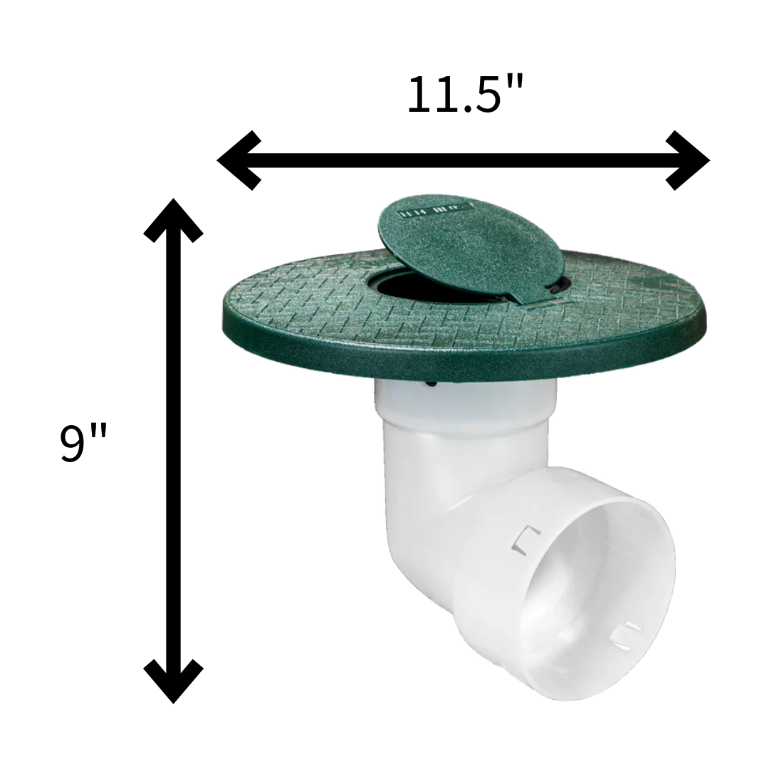Turf Restrictor Plate 2.0 with 4-inch pop-up emitter installed on corrugated drainage pipe for surface water discharge