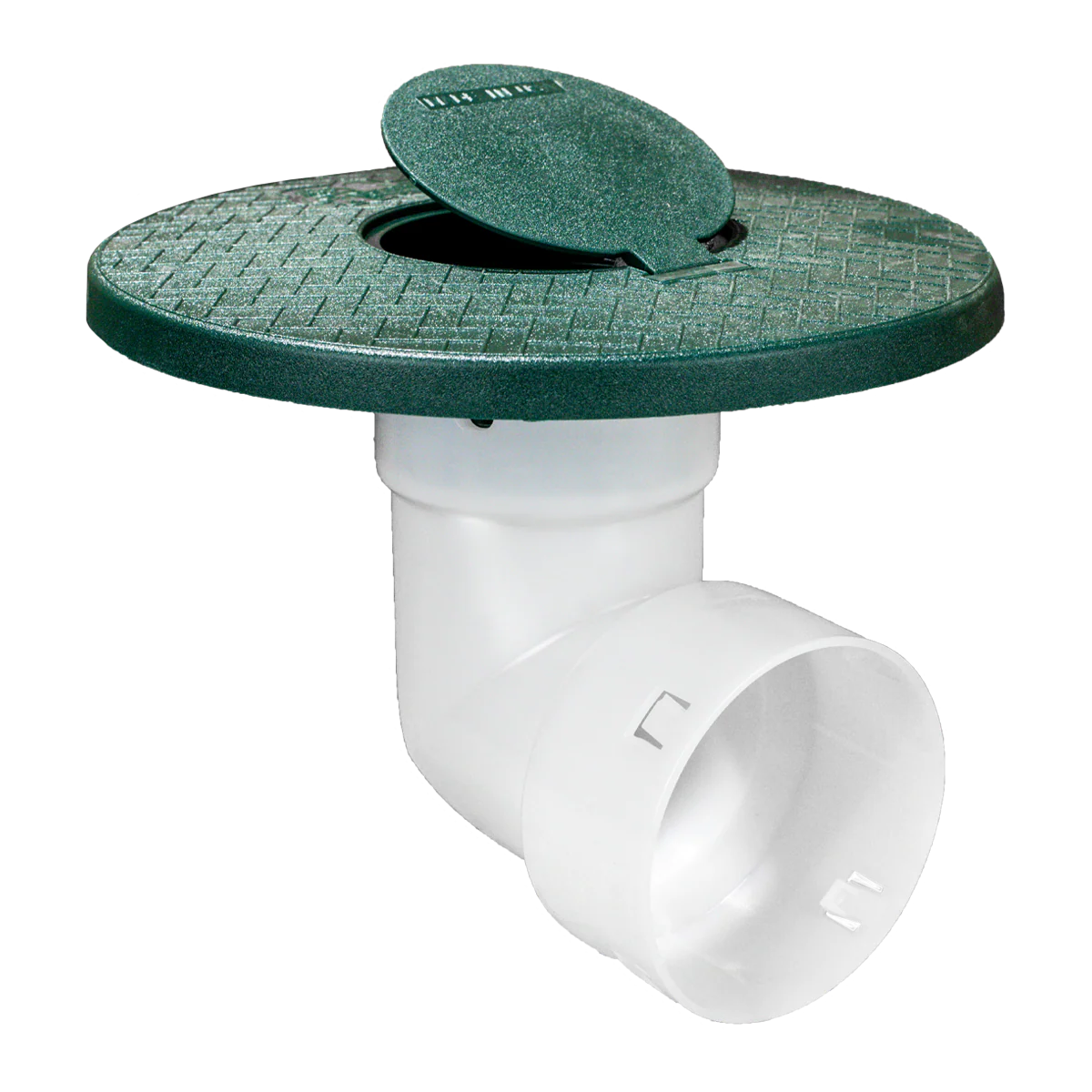 Turf Restrictor Plate 2.0 with 4-inch pop-up emitter installed on corrugated drainage pipe for surface water discharge