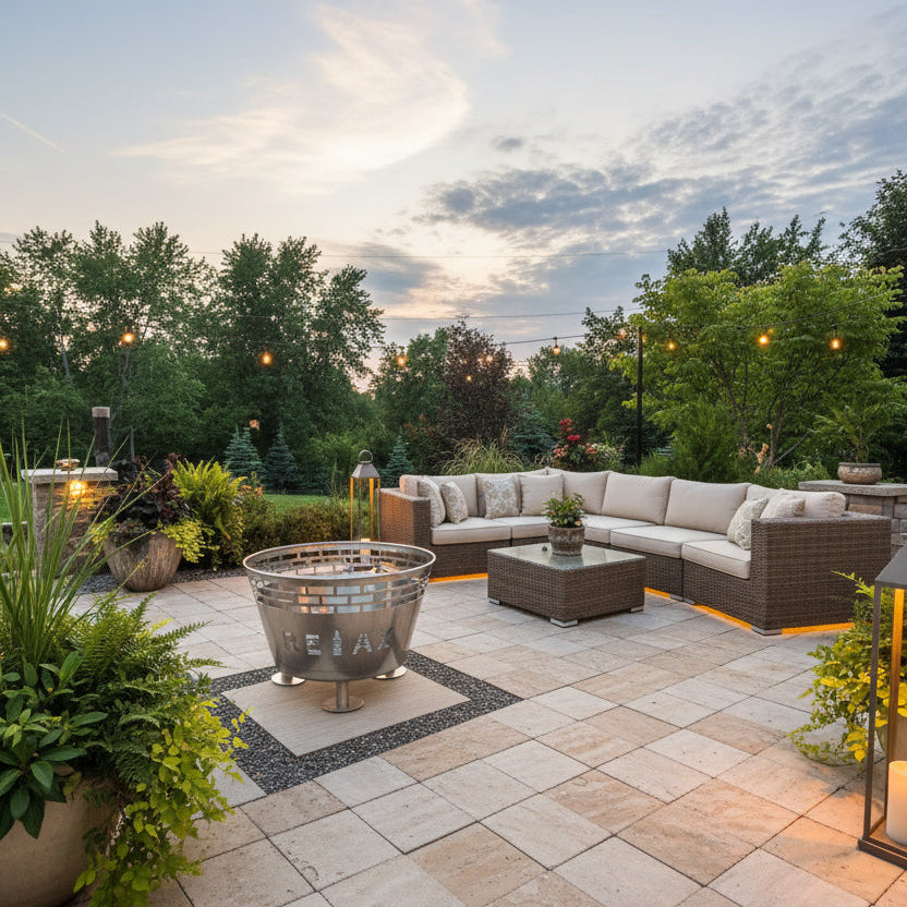 Outdoor patio with sectional sofa, stainless steel fire pit, and potted plants during sunset.